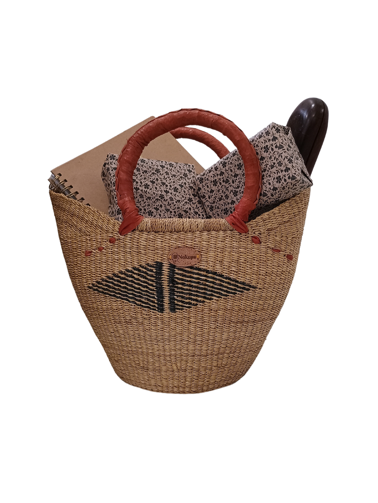 Bolga Market basket. Natural and black ,brown handle .L.