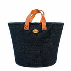 Handwoven boho black  basket with leather handles in Nordic living room décor-Nokupa