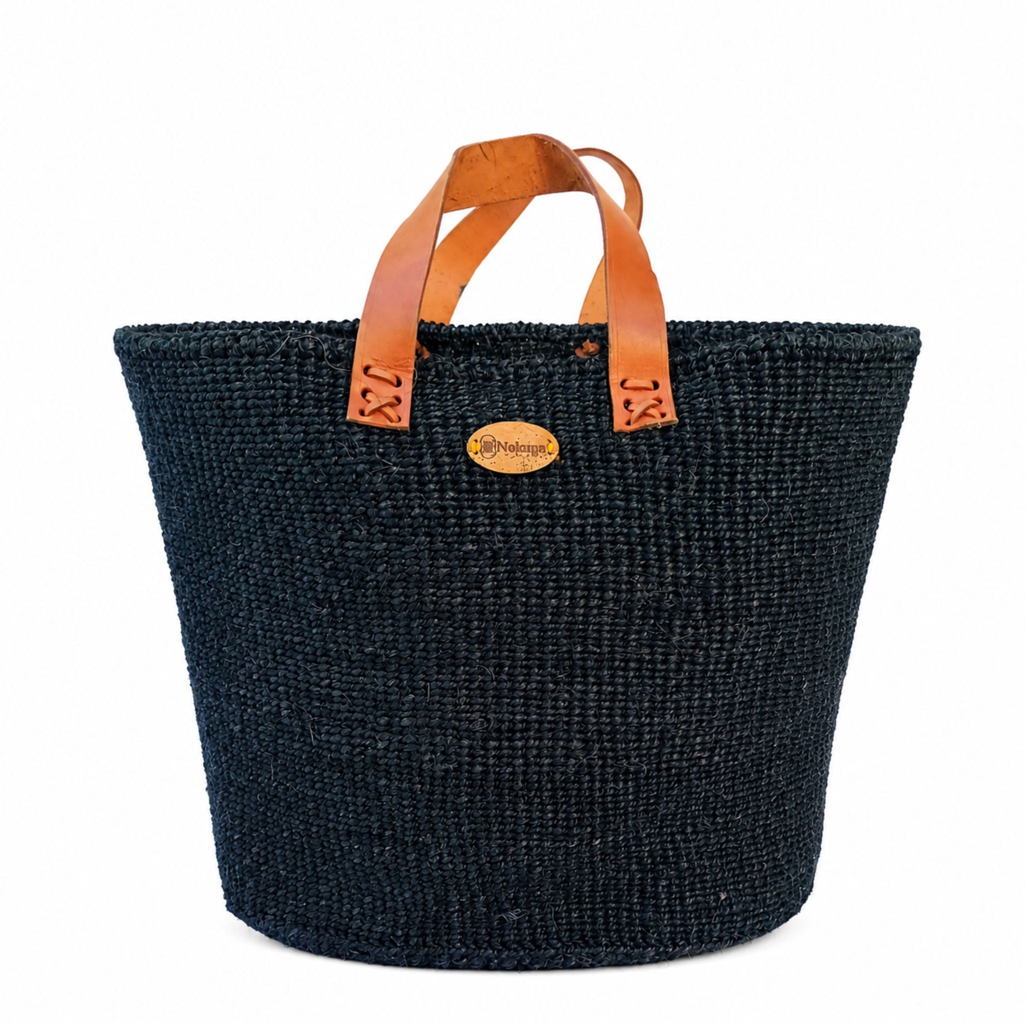 Handwoven boho black  basket with leather handles in Nordic living room décor-Nokupa