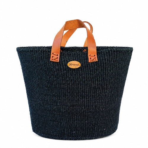 Handwoven boho black  basket with leather handles in Nordic living room décor-Nokupa