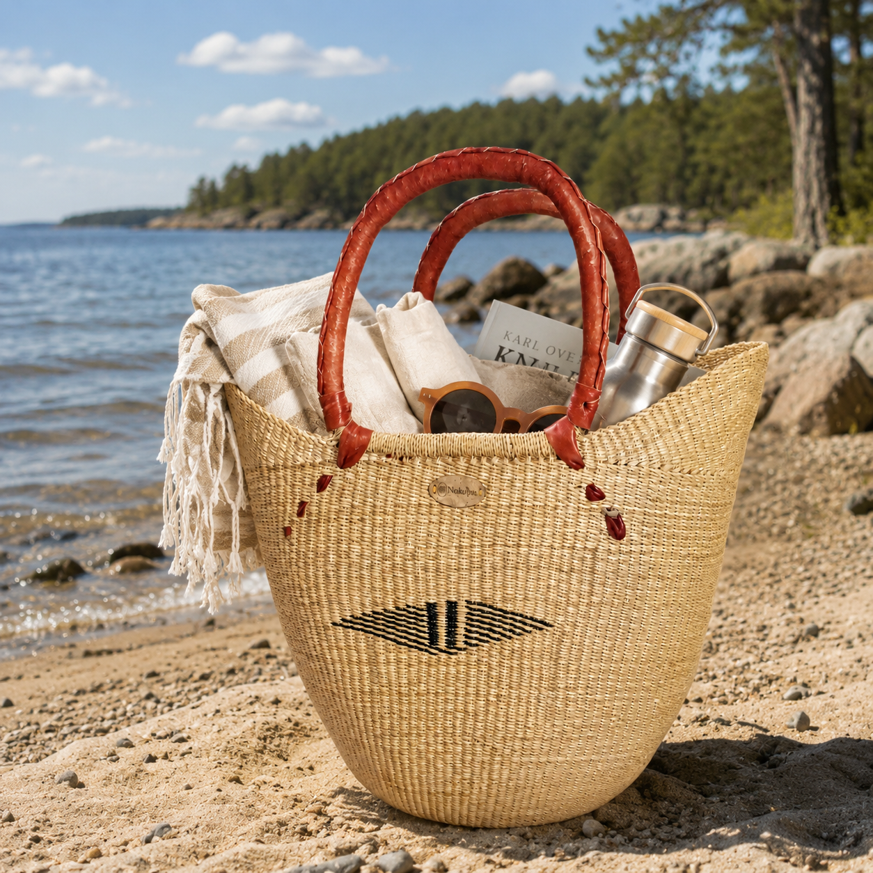 Natural Bolga market basket woven elephant grass leather handle beach summer outdoor carry — Nokupa