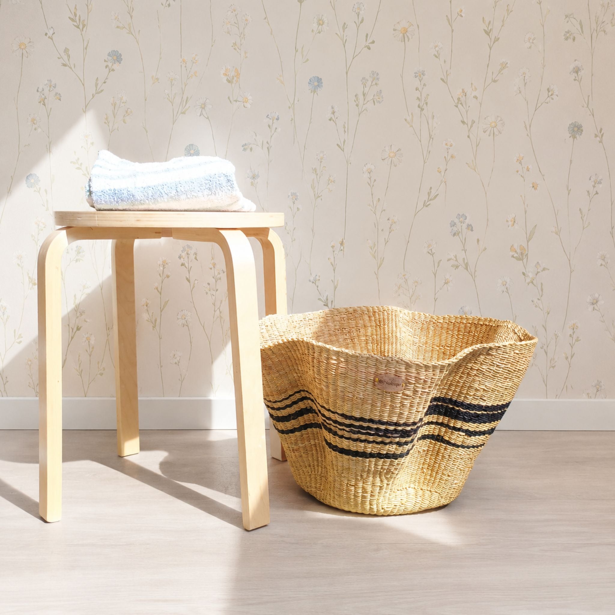 Boho woven floor basket black wave pattern Scandinavian bathroom natural decor-Nokupa