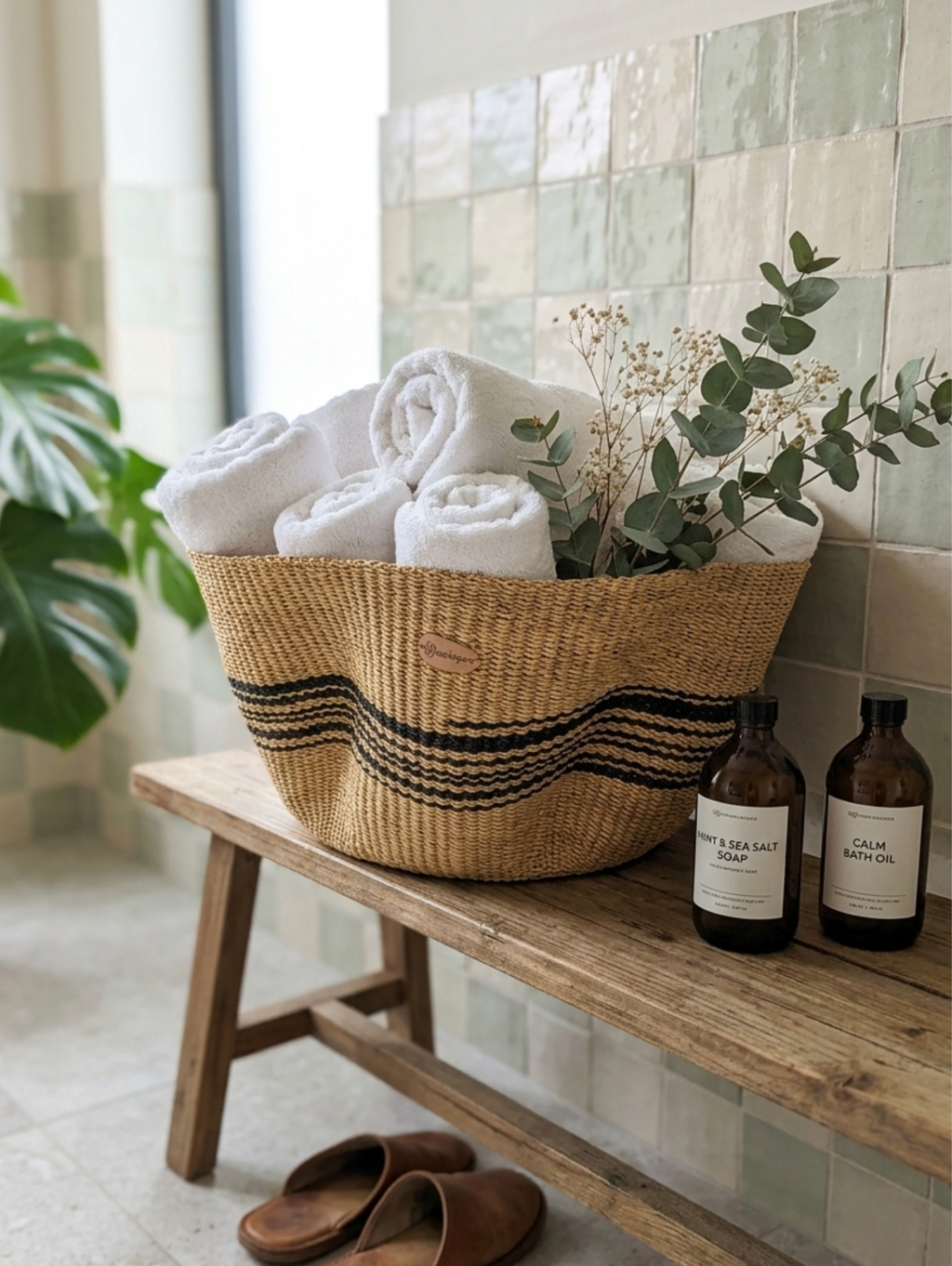 Boho woven floor basket black wave pattern Scandinavian bathroom natural decor