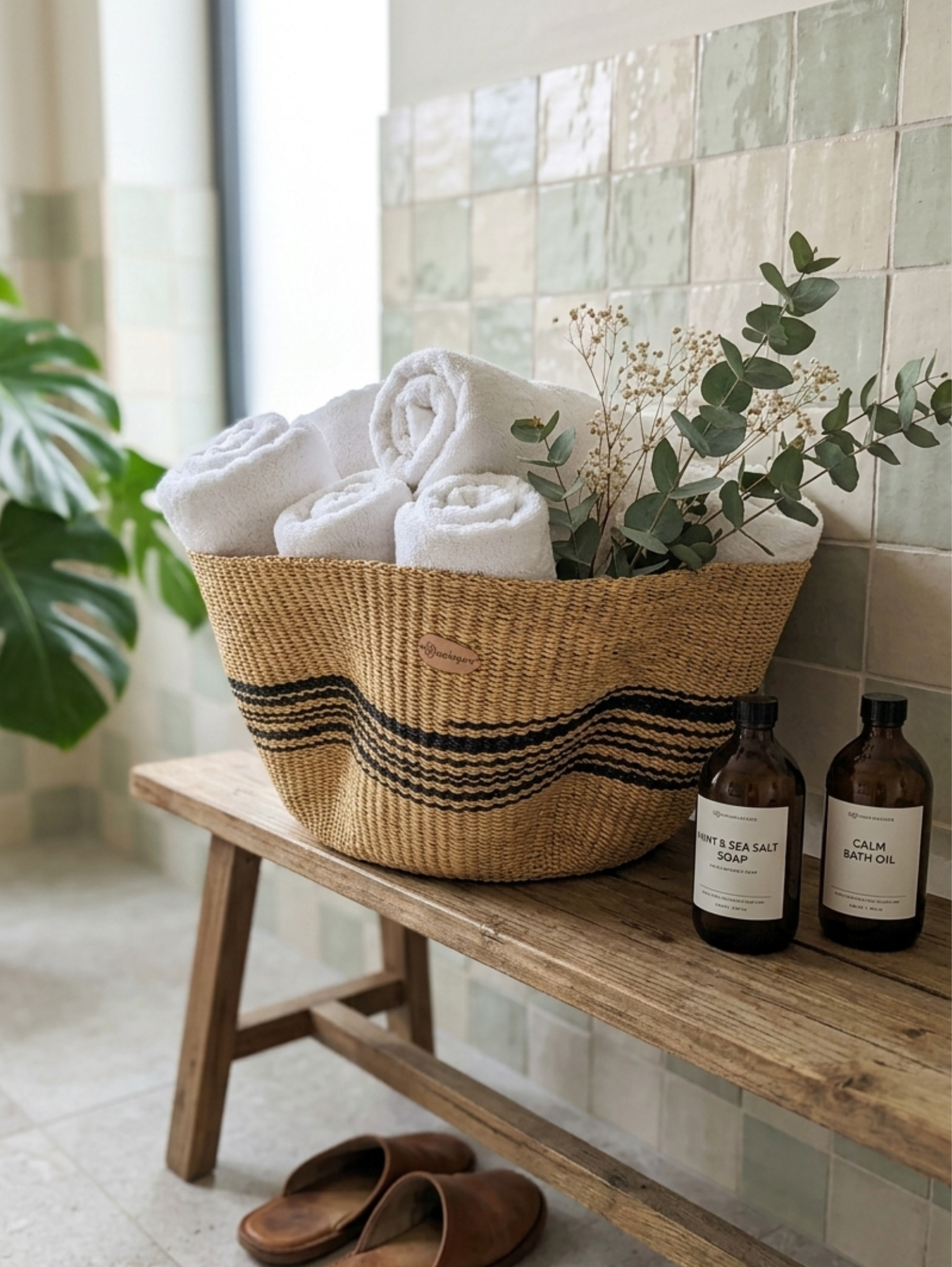 Boho woven floor basket black wave pattern Scandinavian bathroom natural decor