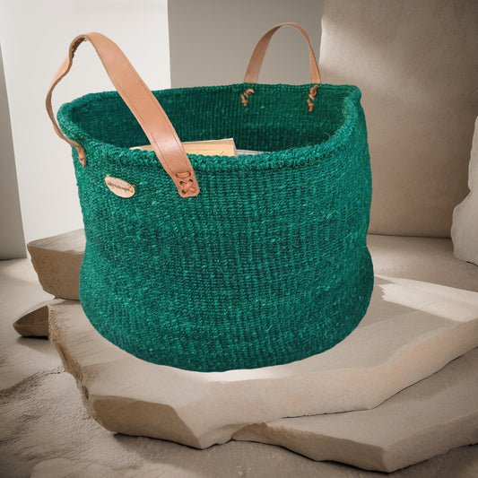 HANDMADE GREEN WOOVEN STORAGE BASKET 
