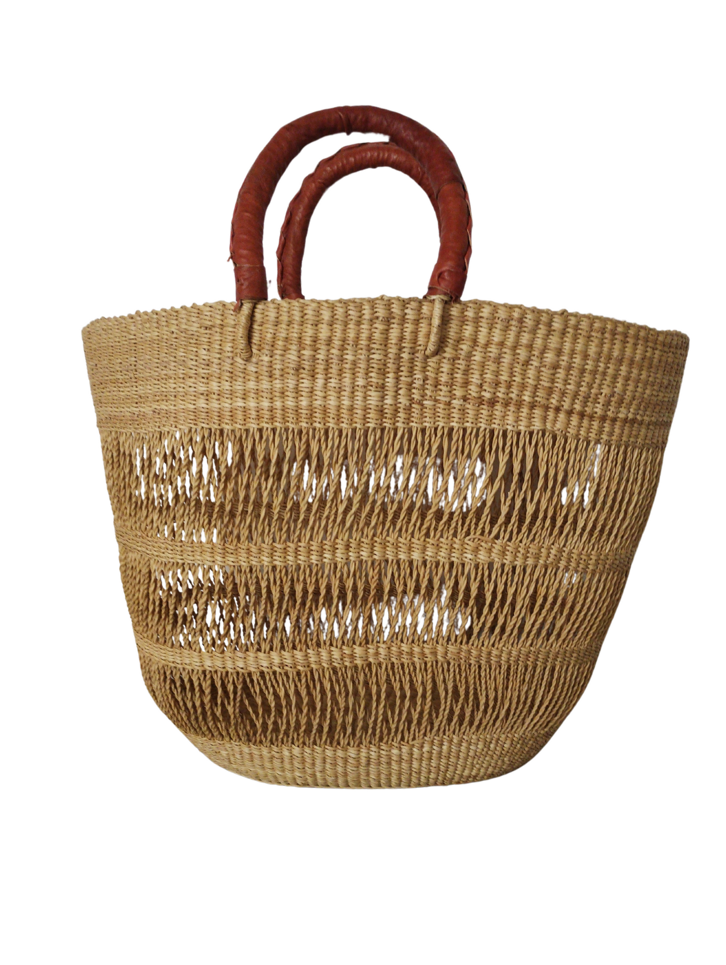 Bolga net basket.Natural. Brown handle.