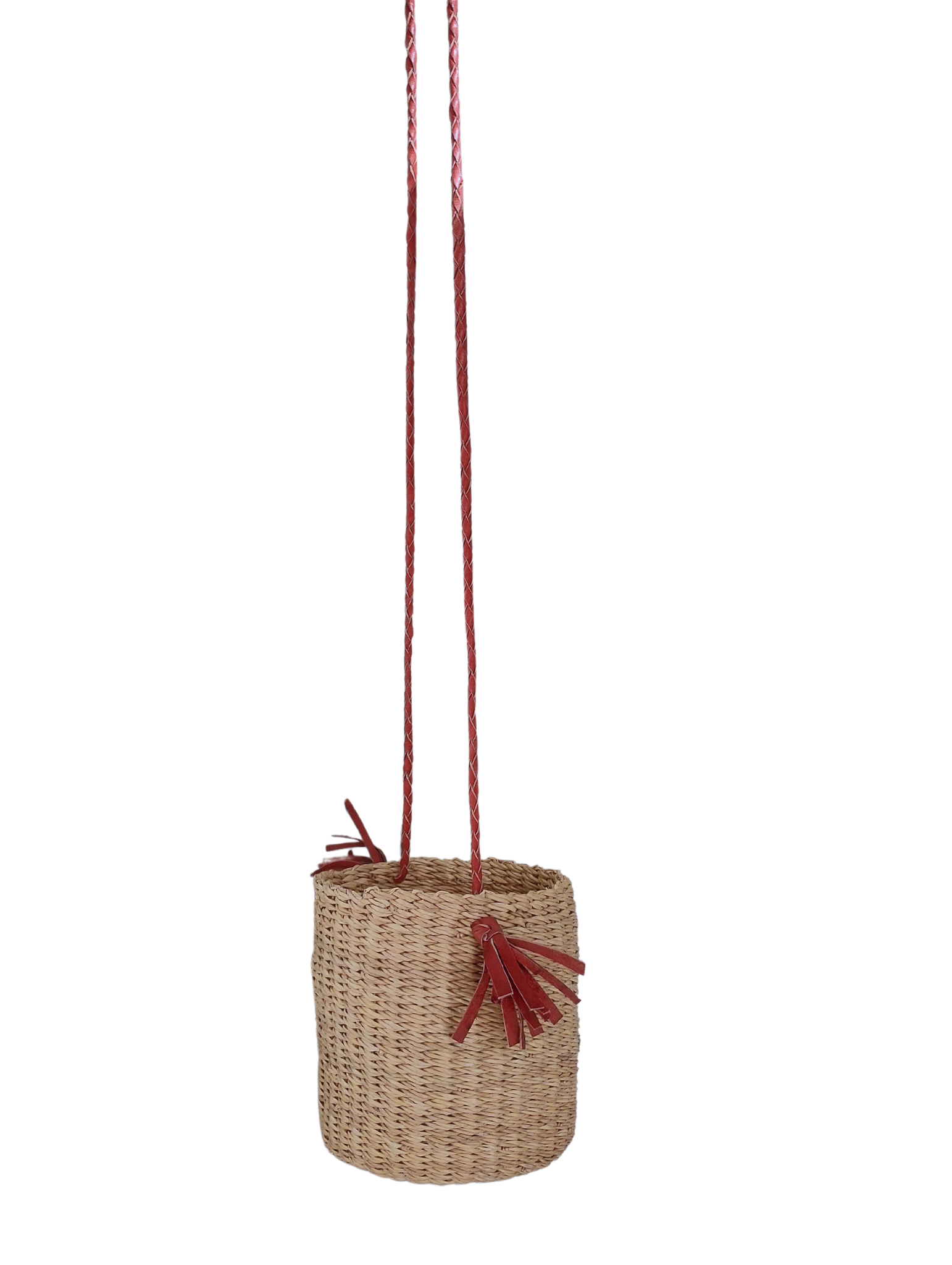 Hanging bolga basket with leather handle