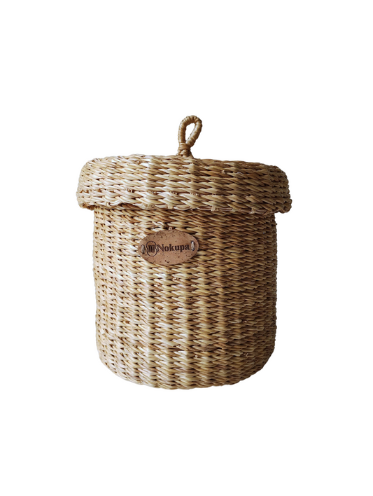 Bathroom shelf basket woven lid natural elephant grass — Nokupa