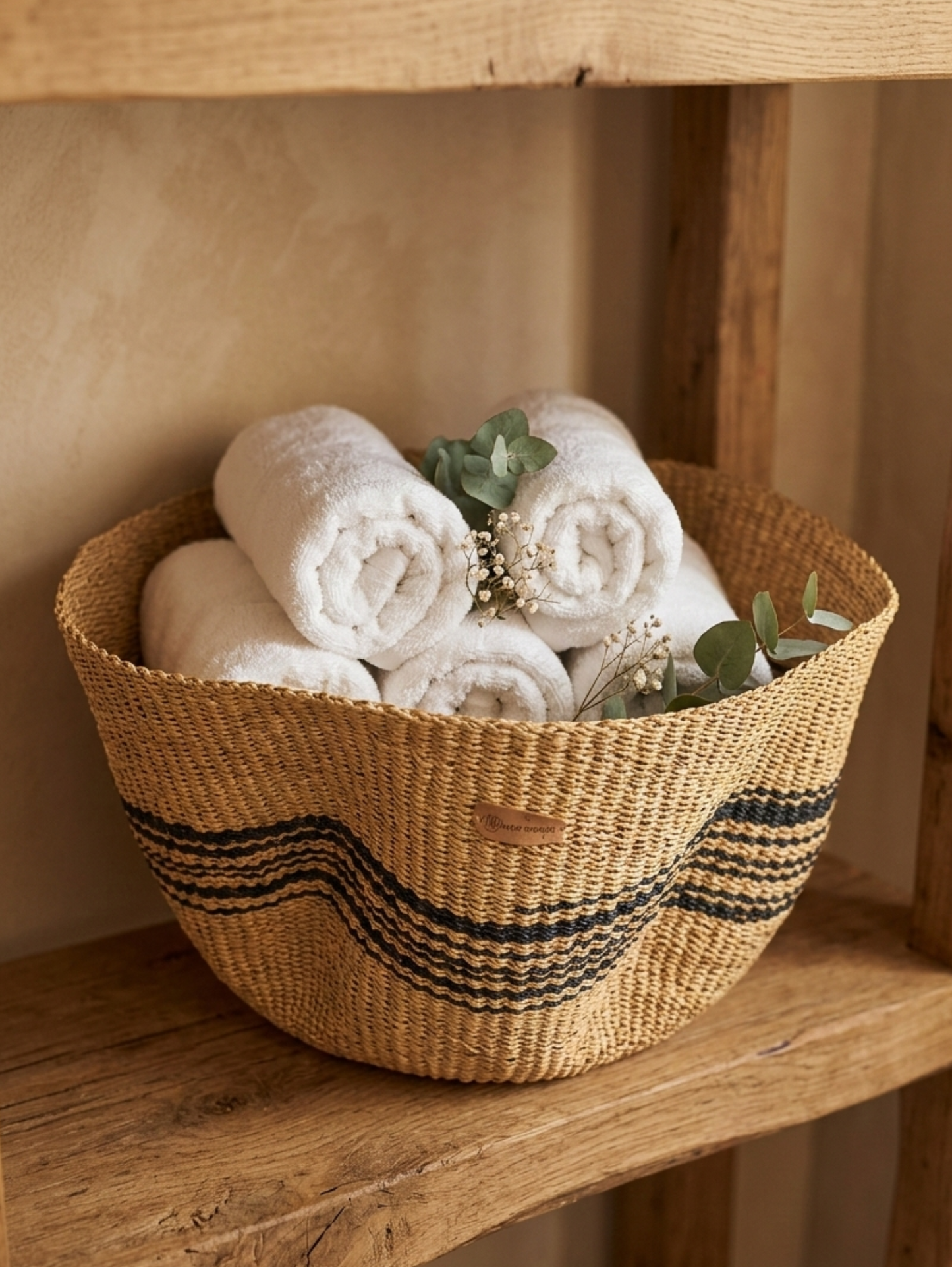 Handwoven Basket : Natural African Storage Basket with Black Wave Design