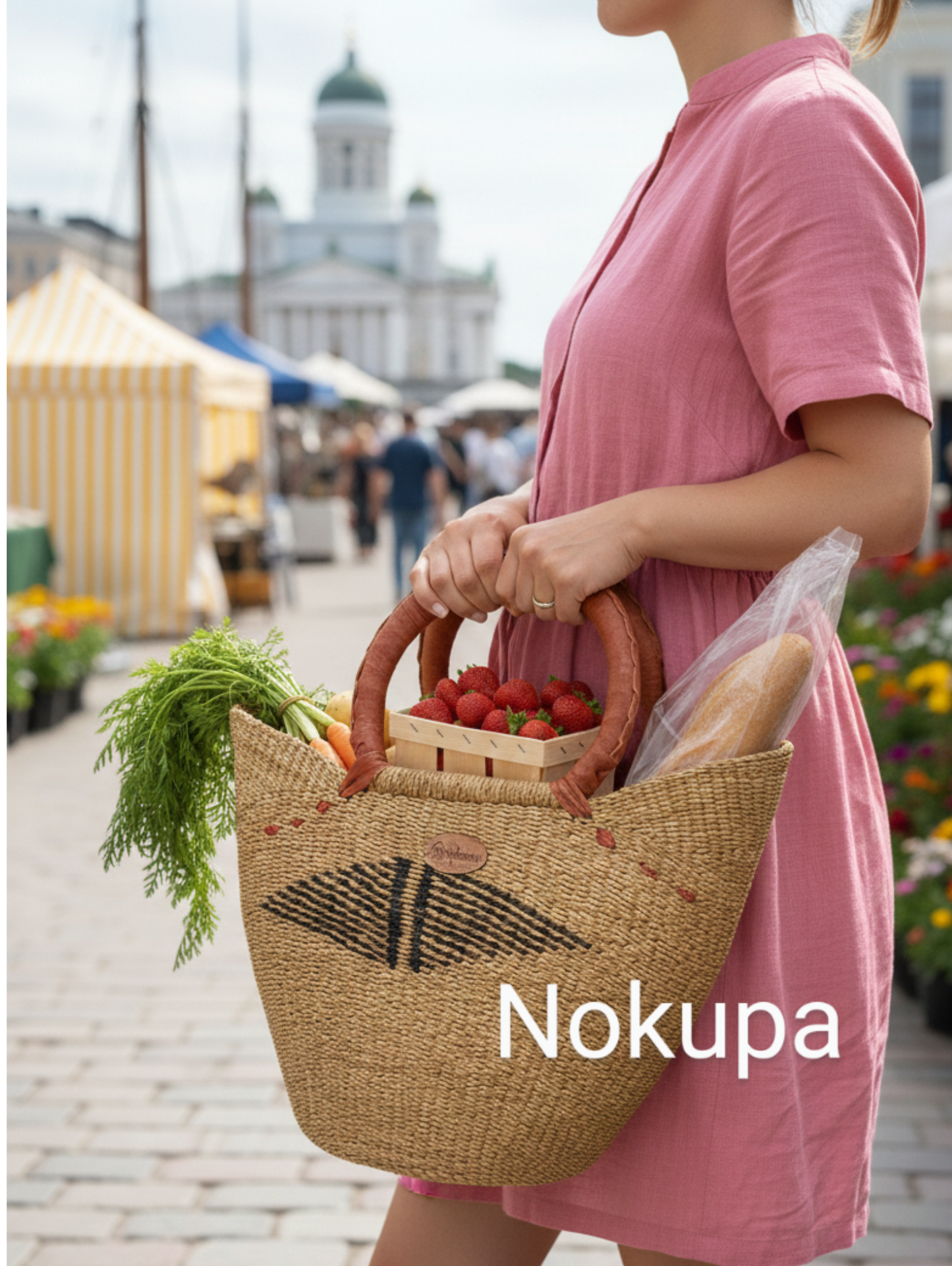 Bolga Market basket. Natural and black ,brown handle .L.