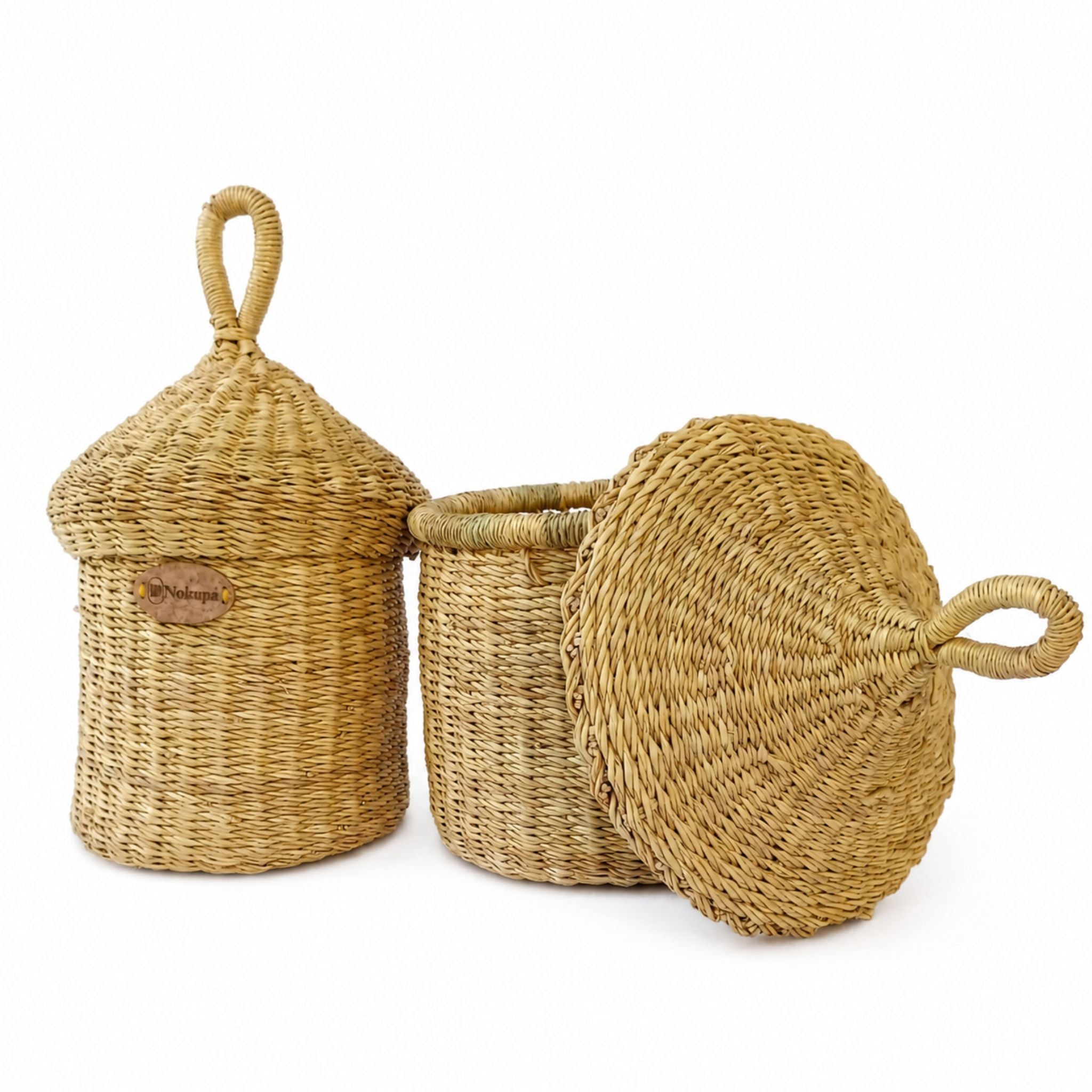 Lidded storage basket boho woven natural elephant grass — Nokupa
