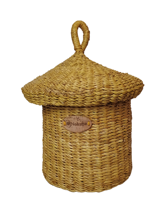 Lidded storage basket boho woven natural elephant grass — Nokupa