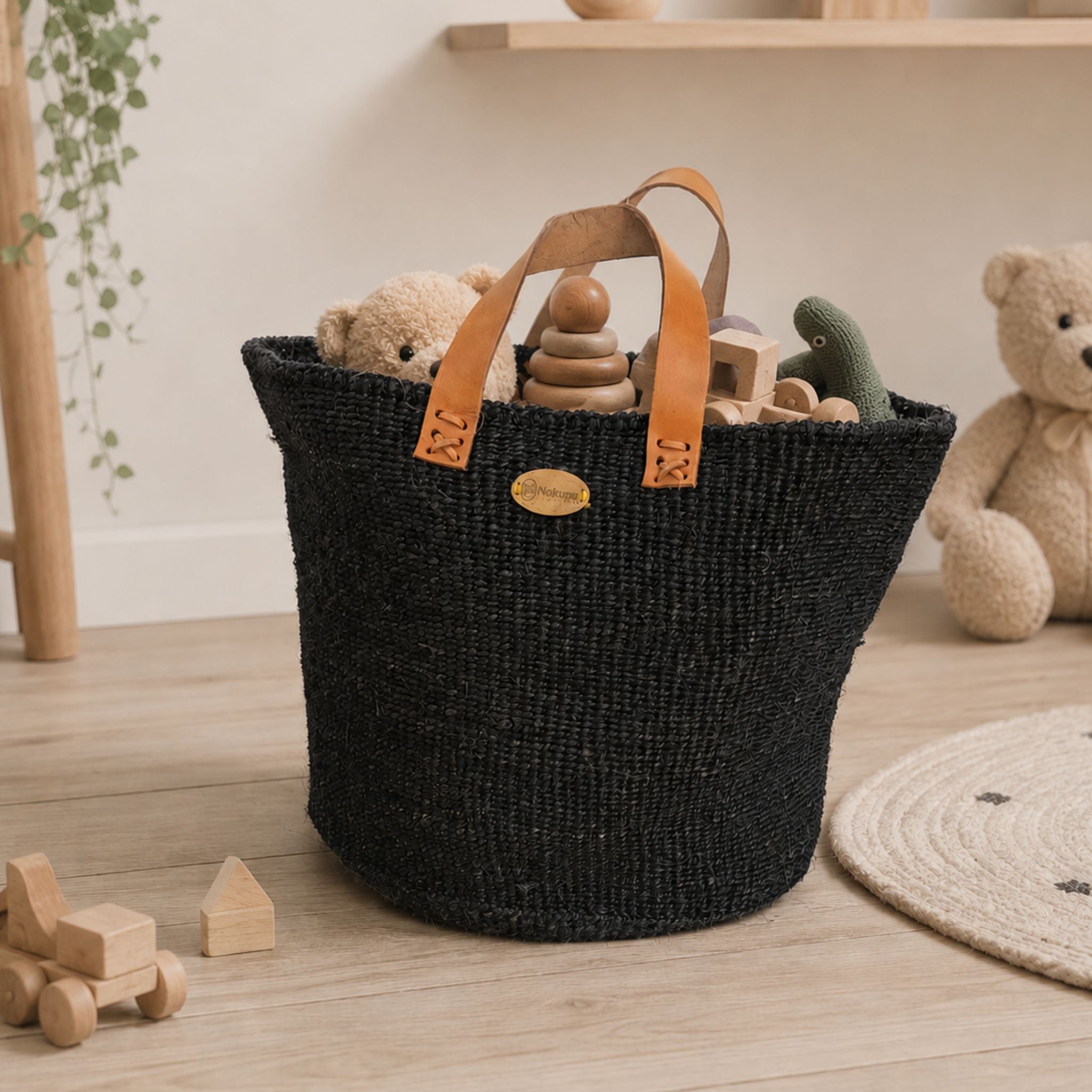 Black Sisal Storage Basket with Handles Minimalist Decor- Nokupa