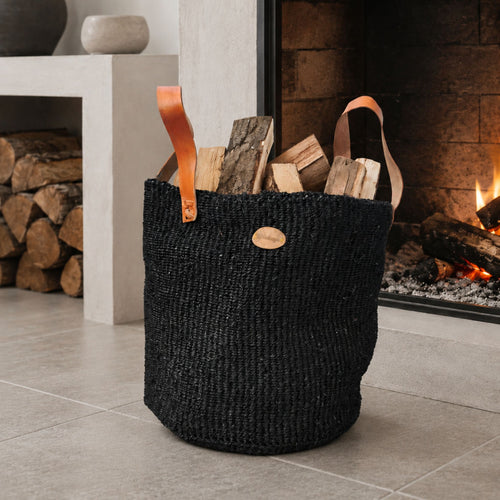 Black woven sisal basket leather handle firewood carrier Nordic home boho ethical Kenya — Nokupa