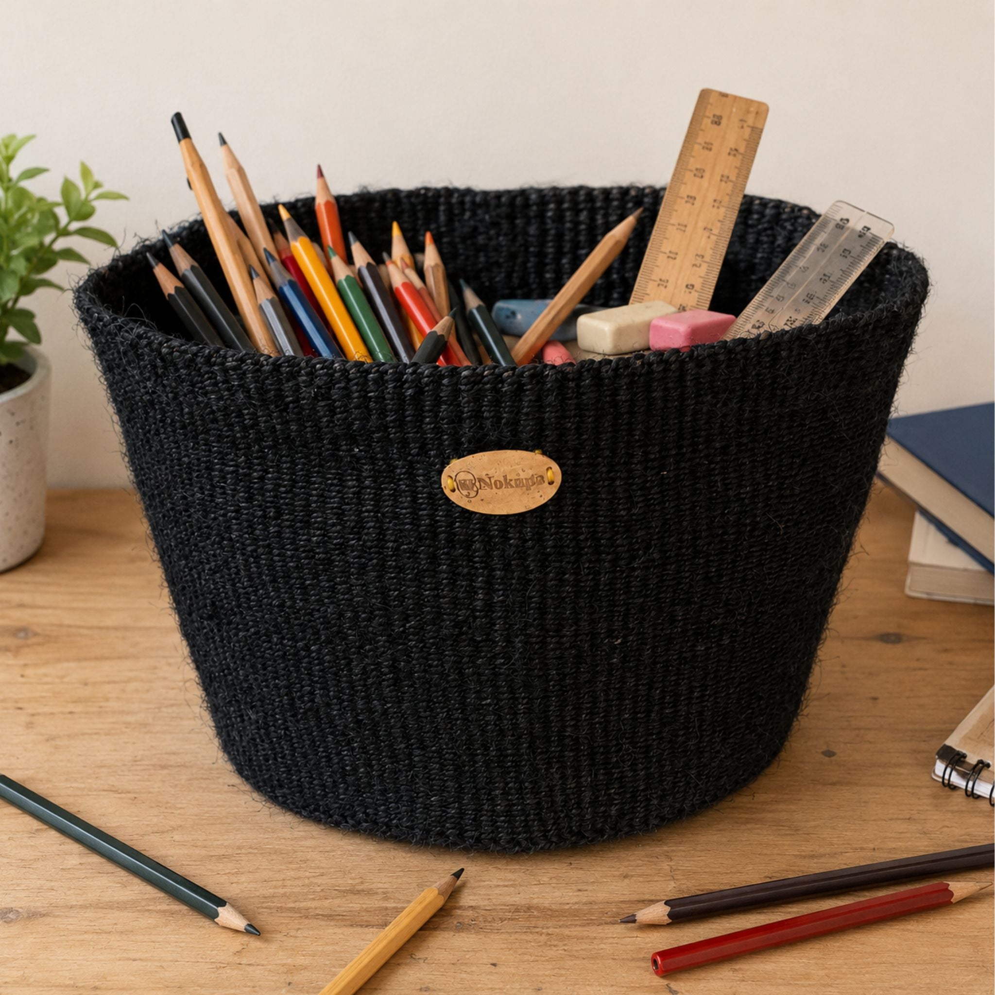 Small black woven sisal basket desk organiser Nordic minimalist home artisan Kenya — Nokupa