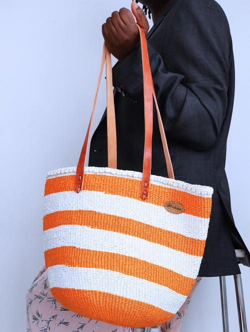 Boho shoulder bag sisal orange white stripe recycled plastic ethical artisan Kenya — Nokupa