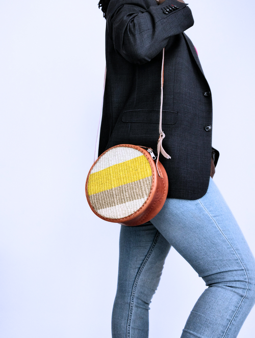 
Boho shoulder bag woven sisal natural yellow handmade Kenya — Nokupa