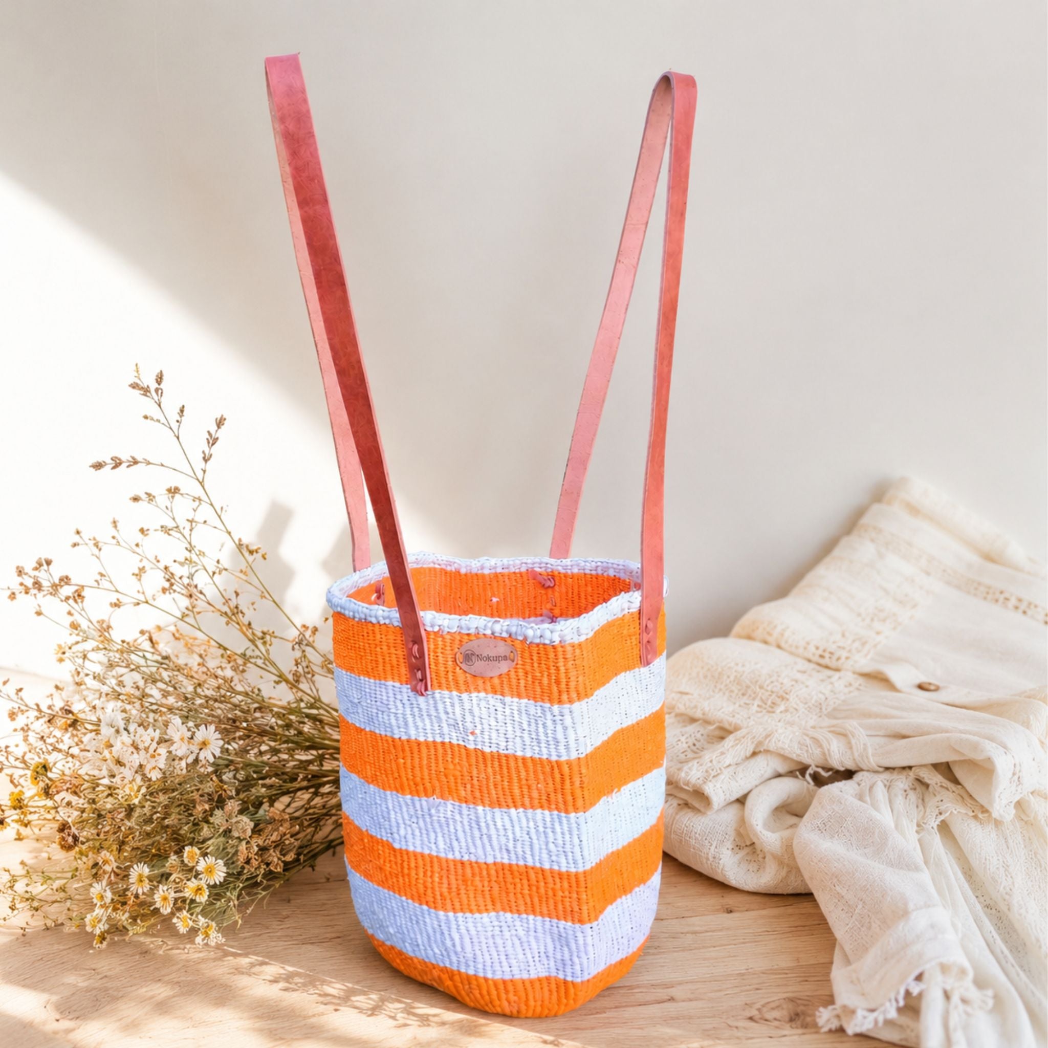 Boho sisal bag orange white stripe recycled ethical Nordic everyday carry artisan Kenya — Nokupa