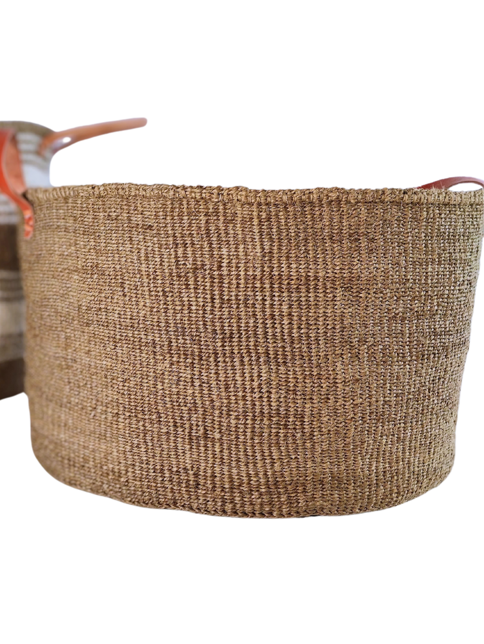 Brown handwoven basket leather handle boho Nordic storage ethical artisan Kenya