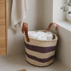 Large burgundy stripe sisal basket autumn Nordic living room floor storage ethical Kenya — Nokupa