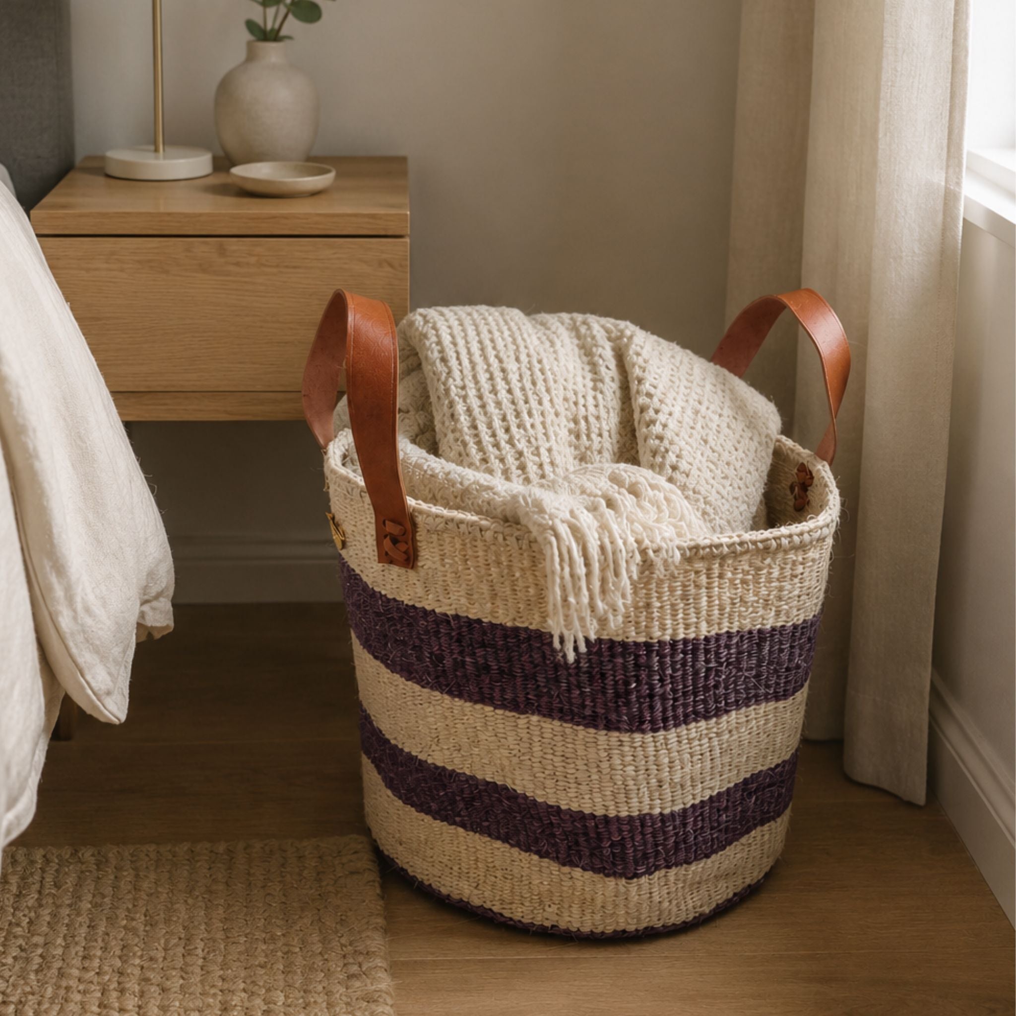 Burgundy white stripe sisal basket bedroom blanket storage handwoven sustainable Kenya — Nokupa