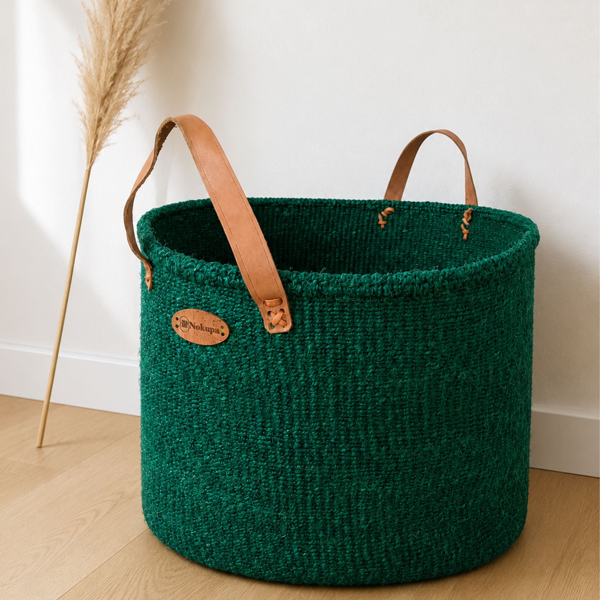 Large green sisal floor basket boho Nordic interior blankets plants ethical Kenya — Nokupa
