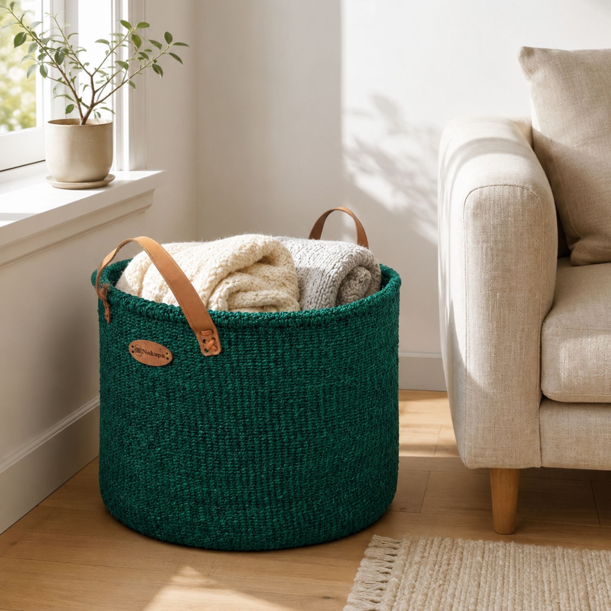 Large handwoven green sisal basket living room floor storage boho Scandinavian Kenya — Nokupa
