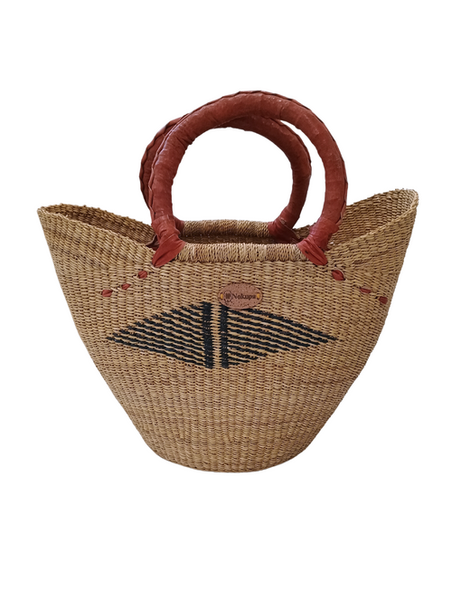 Large market basket woven natural elephant grass leather handle — Nokupa"