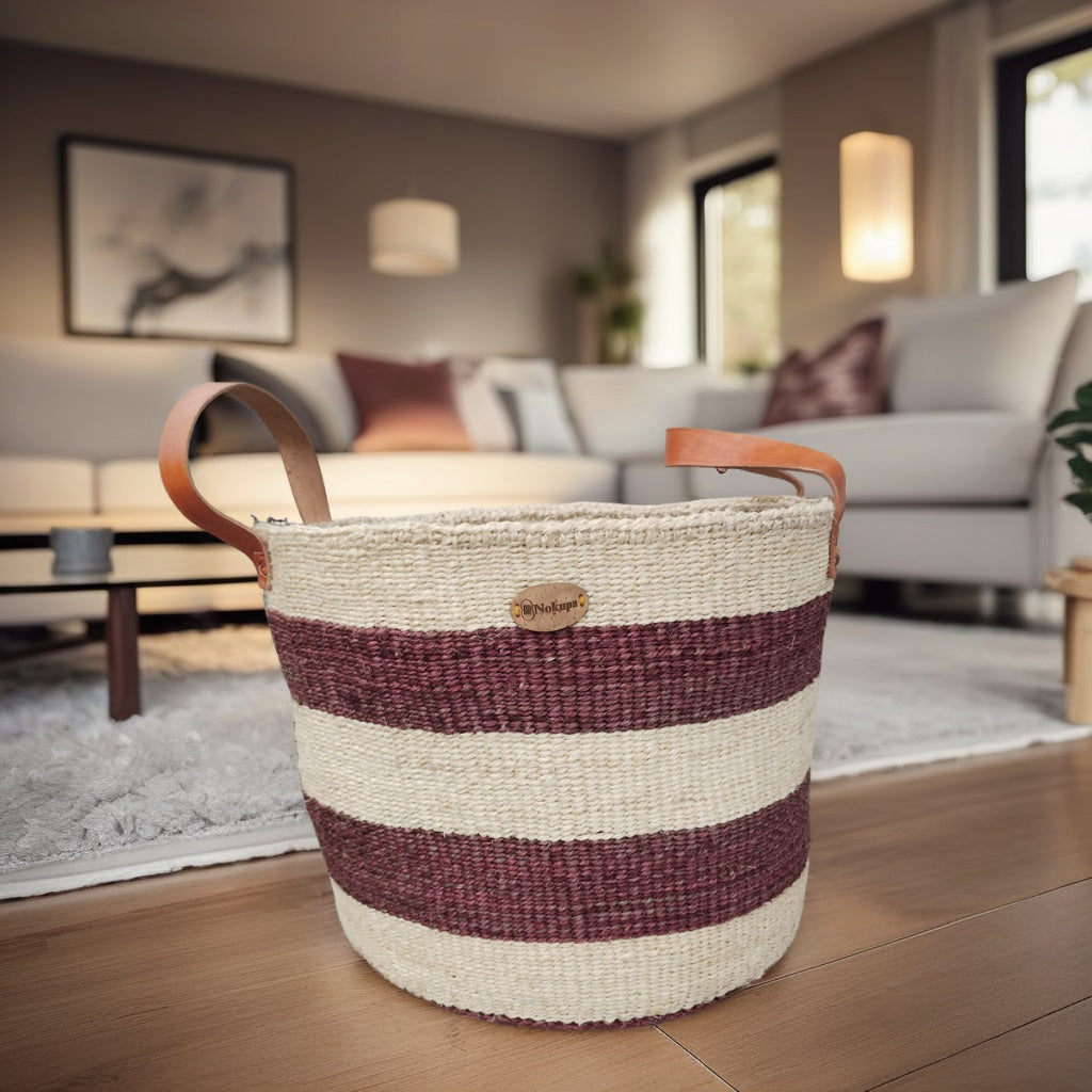 Large sisal basket burgundy white stripe woven handmade artisan Kenya — Nokupa