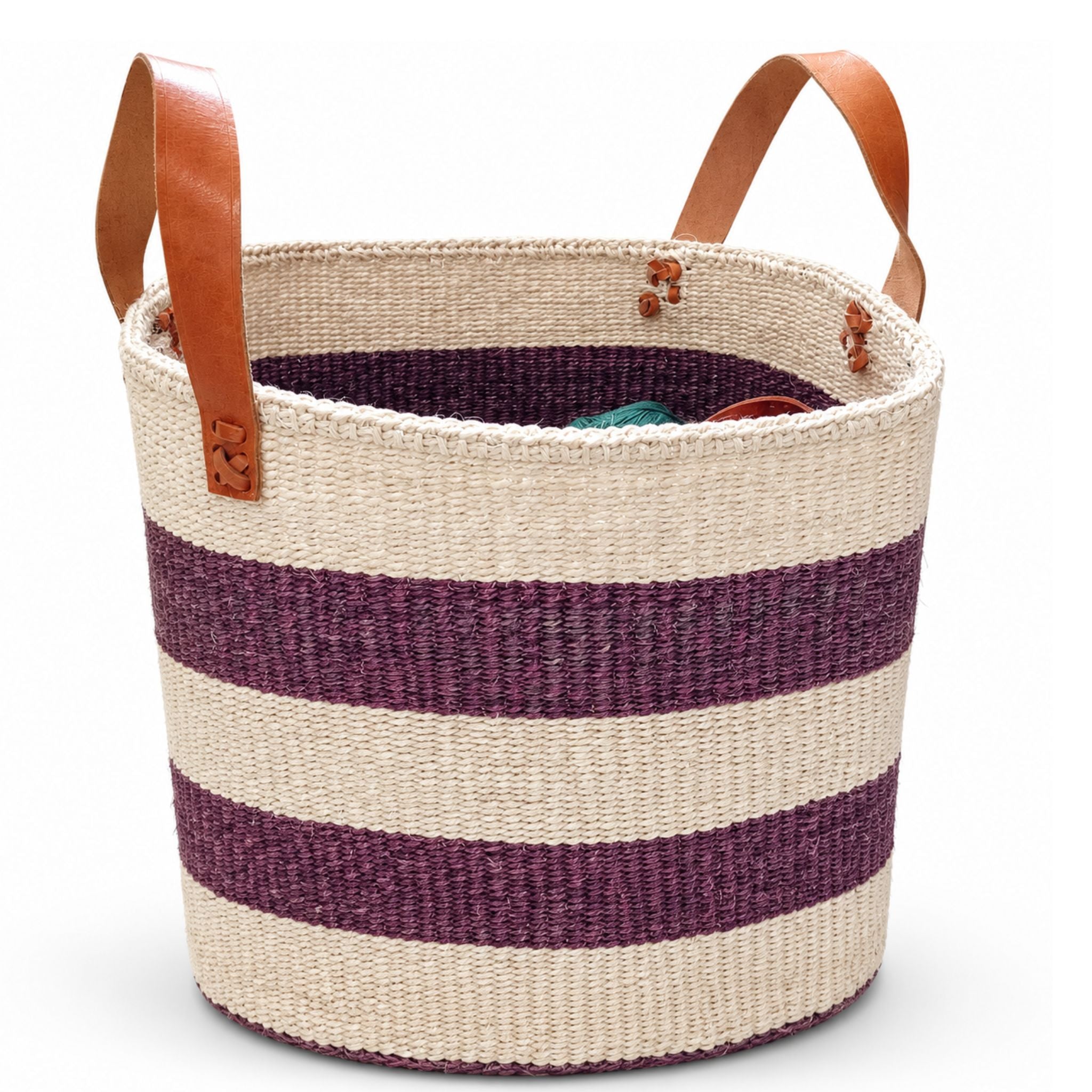 Large sisal basket burgundy white stripe woven handmade artisan Kenya — Nokupa