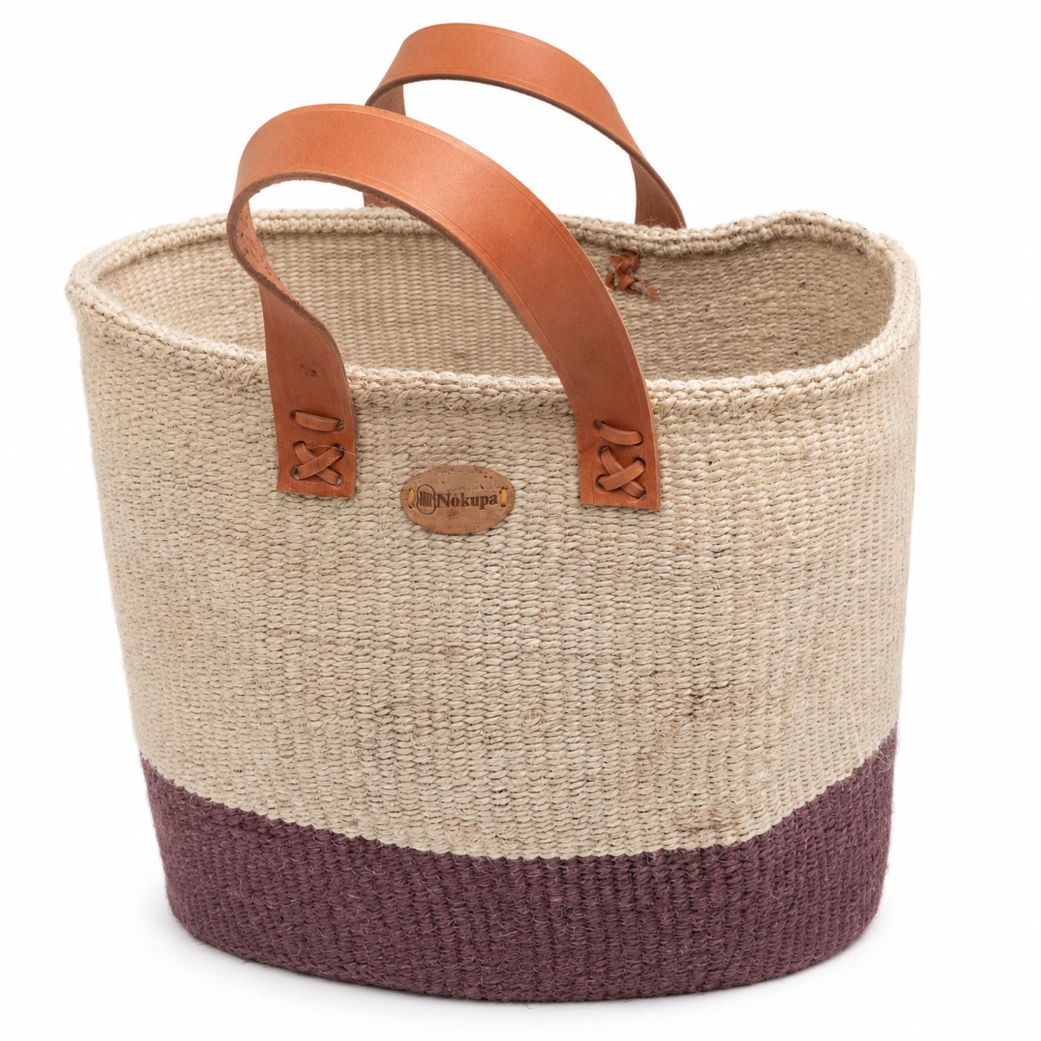 Large sisal basket burgundy white two tone woven handmade artisan Kenya — Nokupa