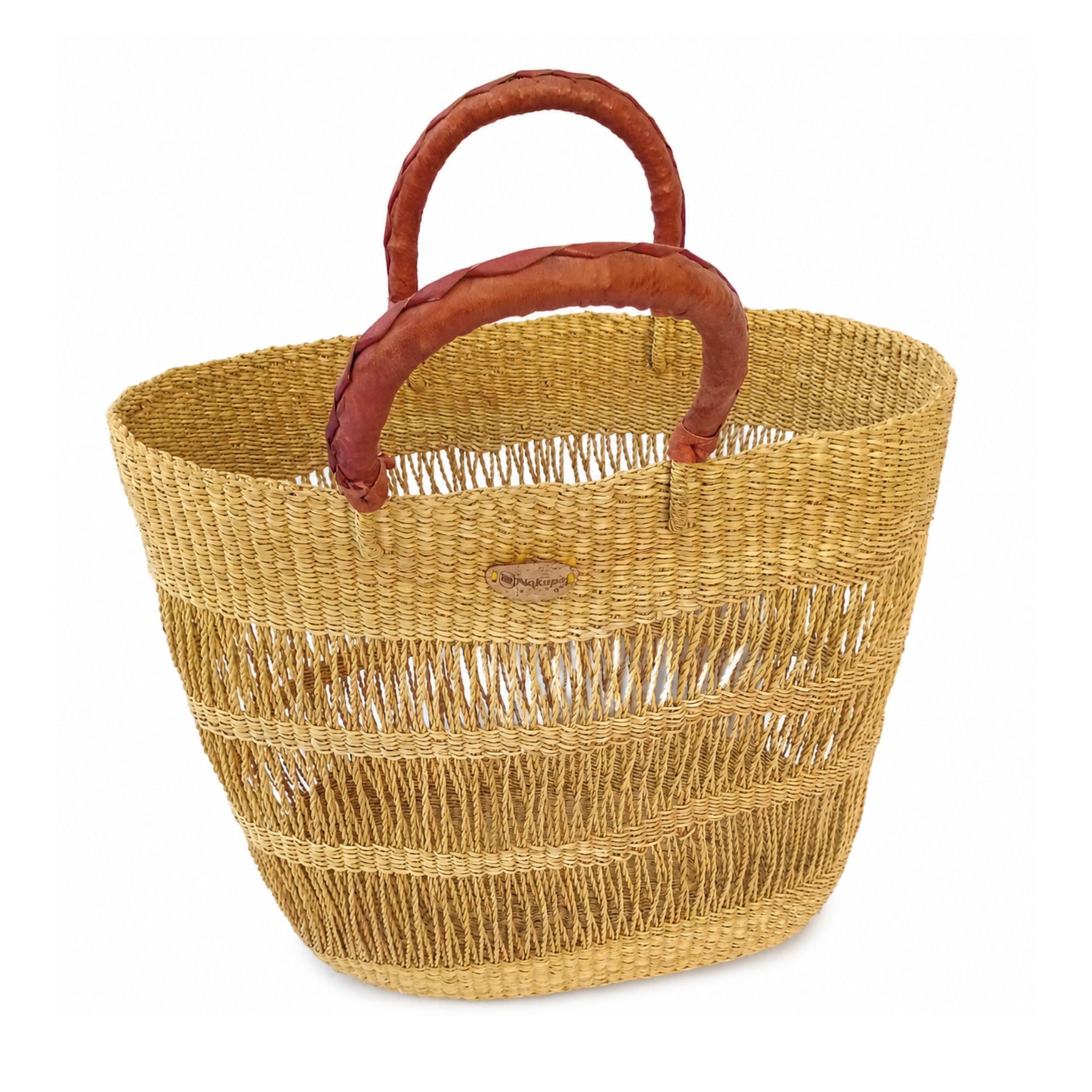 Nokupa natural market basket with leather handle