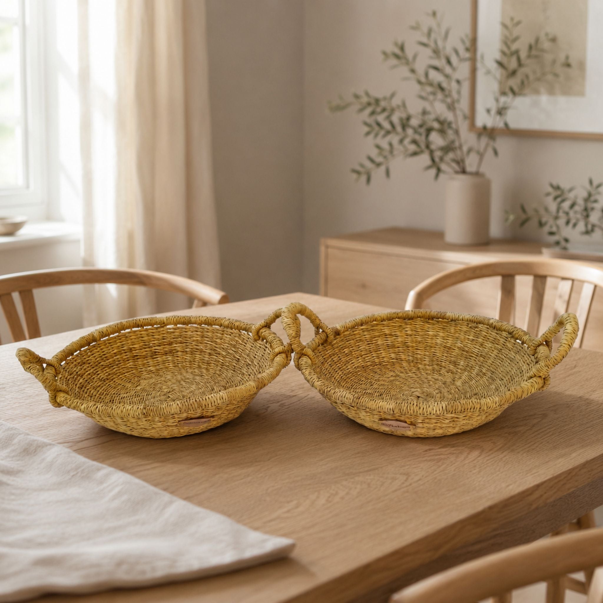 Natural woven bread bowl kitchen boho Scandinavian home decor elephant grass Ghana — Nokupa