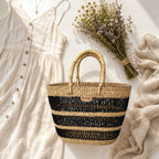 Small open weave boho shopping basket natural outfit styling ethical handmade Ghana — Nokupa