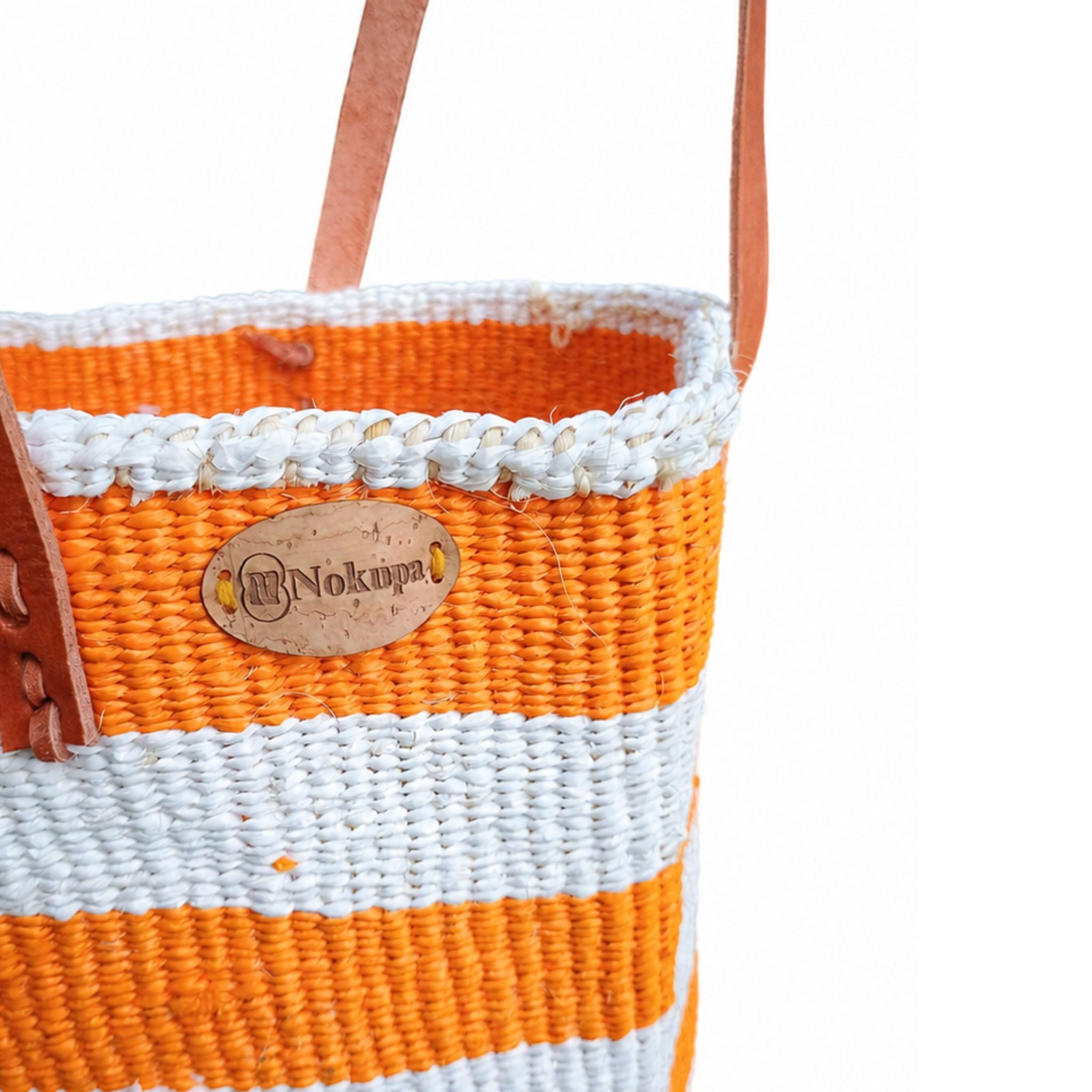 Orange woven sisal recycled plastic bag detail boho sustainable ethical artisan Kenya — Nokupa
