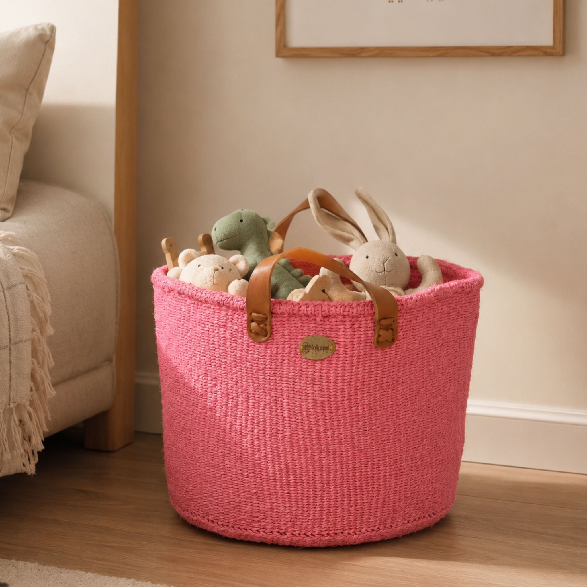 Pink handwoven floor basket boho Scandinavian Nordic interior storage ethical Kenya — Nokupa