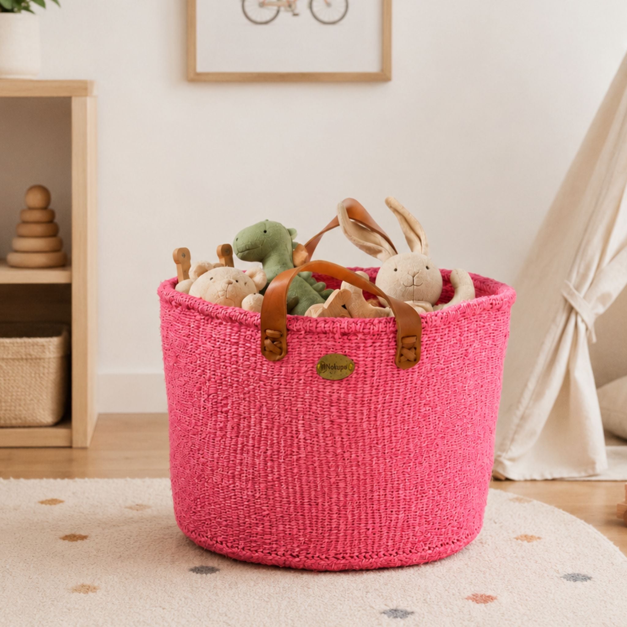 Pink boho sisal floor basket blanket toy laundry storage Nordic home Kenya — Nokupa
