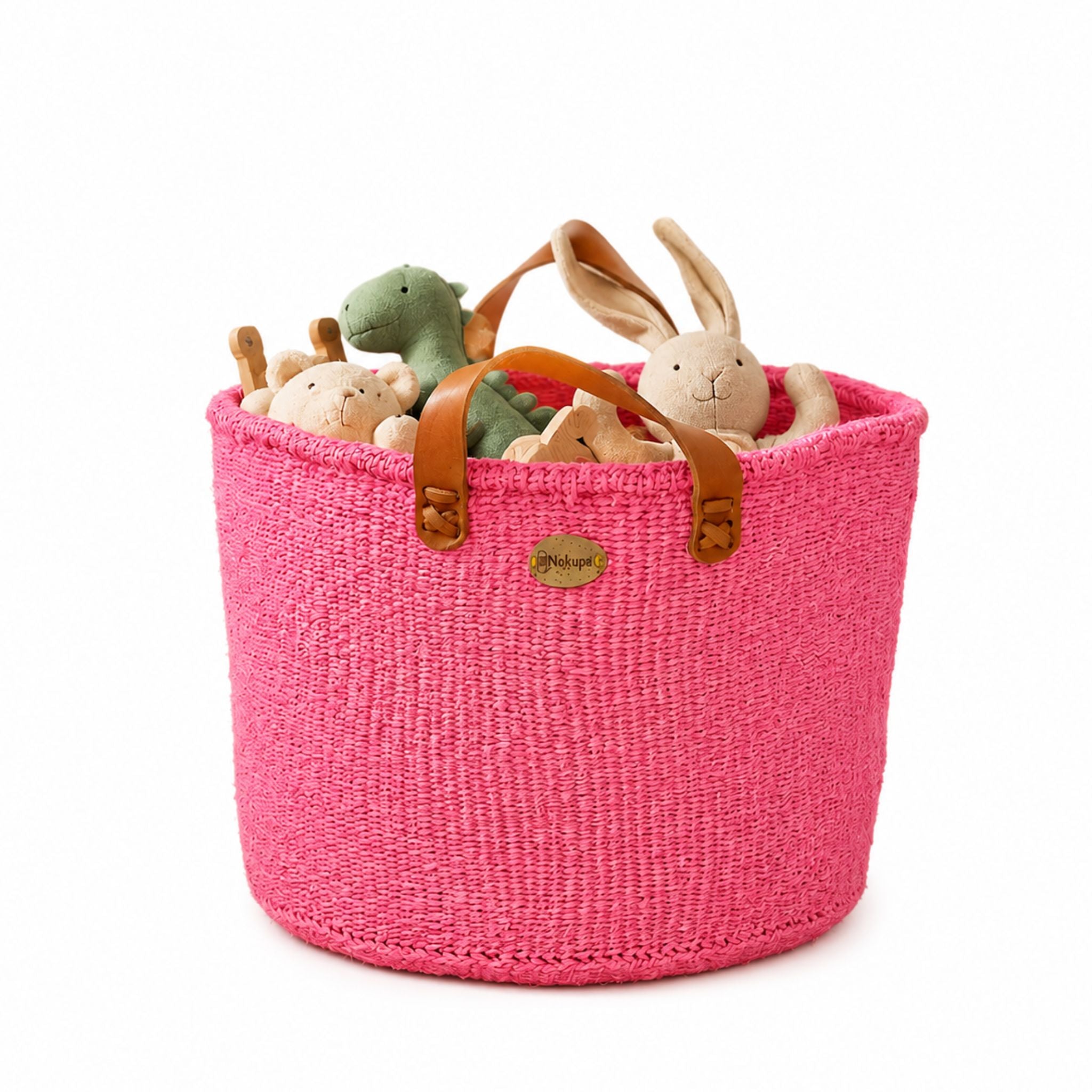 Pink woven sisal floor basket leather handle boho home artisan Kenya — Nokupa