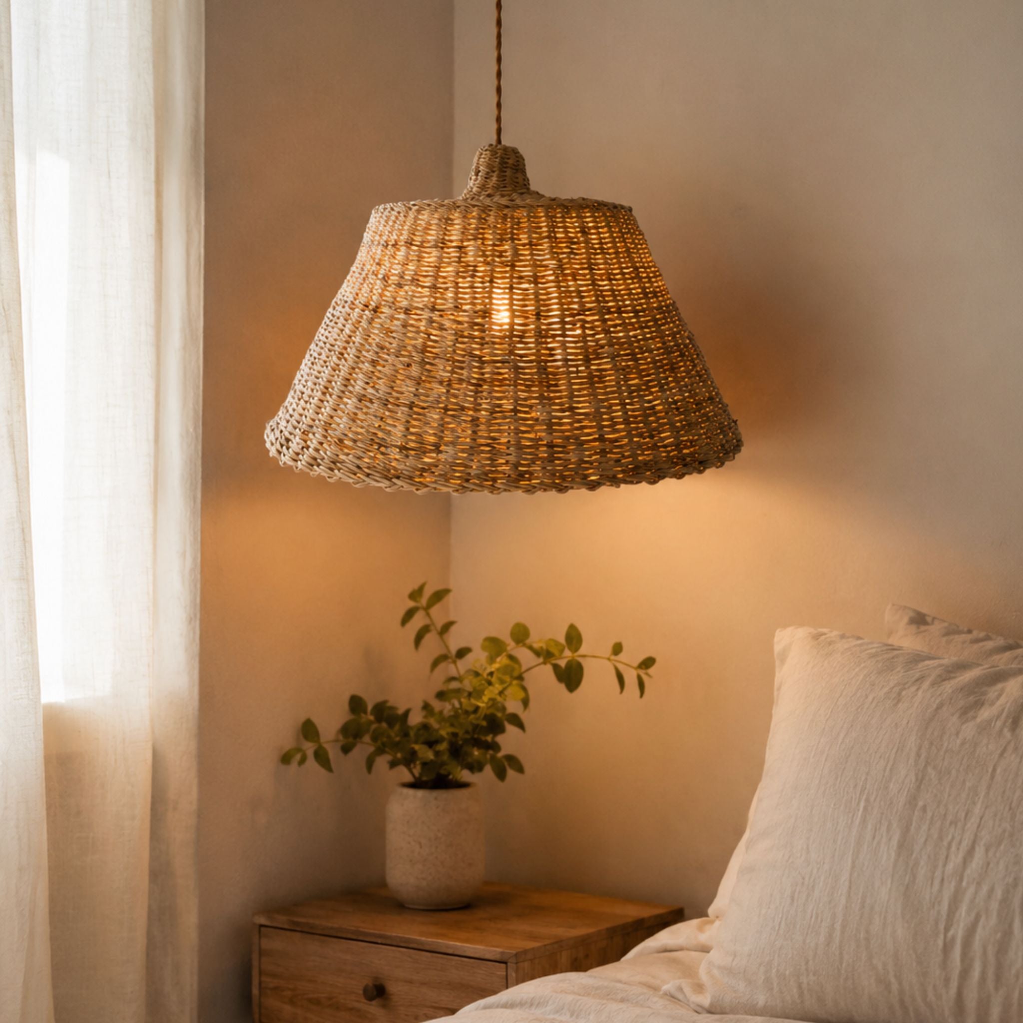 Triangle boho elephant grass lampshade warm atmospheric glow minimalist Nordic bedroom decor — Nokupa