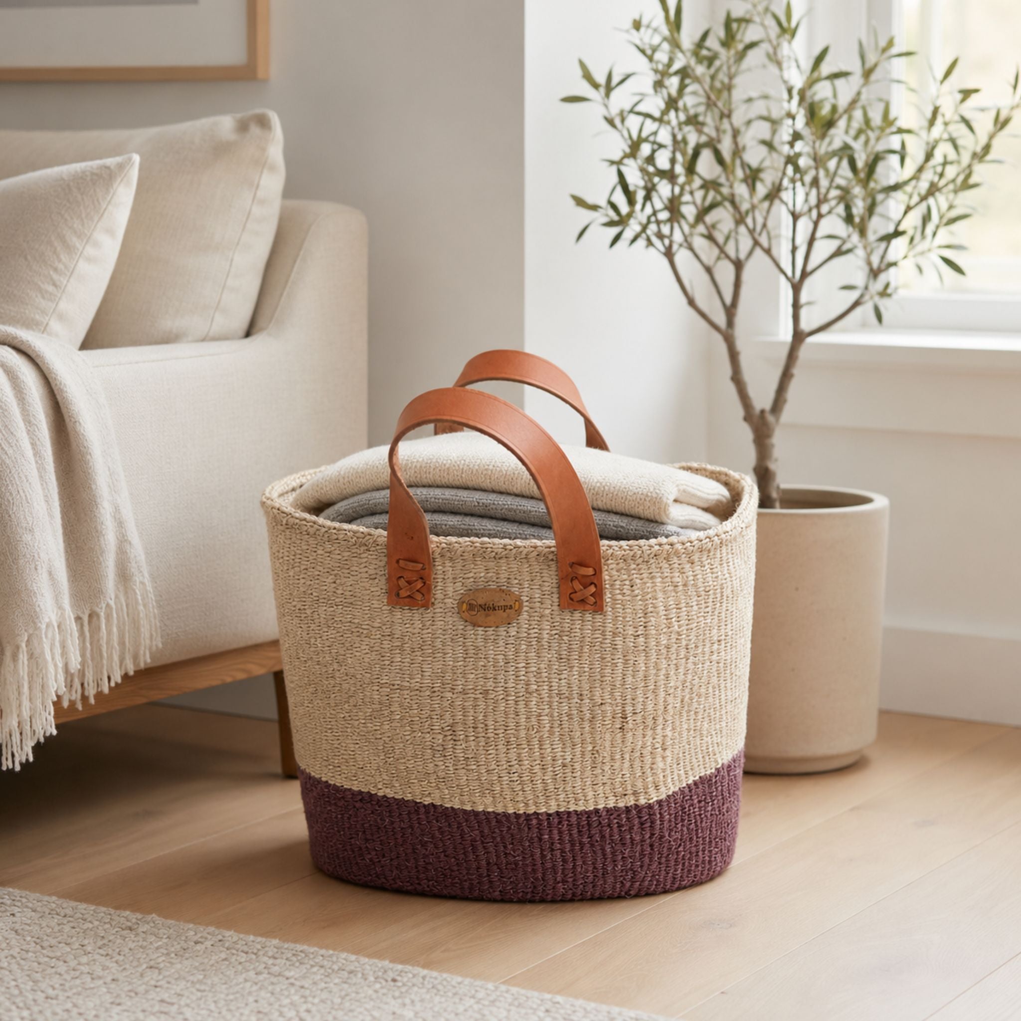 Handwoven two tone sisal basket burgundy white boho Nordic interior ethical Kenya — Nokupa