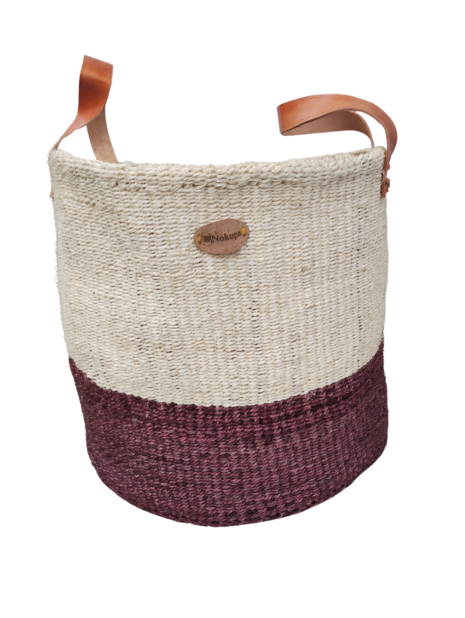 Handwoven two tone sisal basket burgundy white boho Nordic interior ethical Kenya