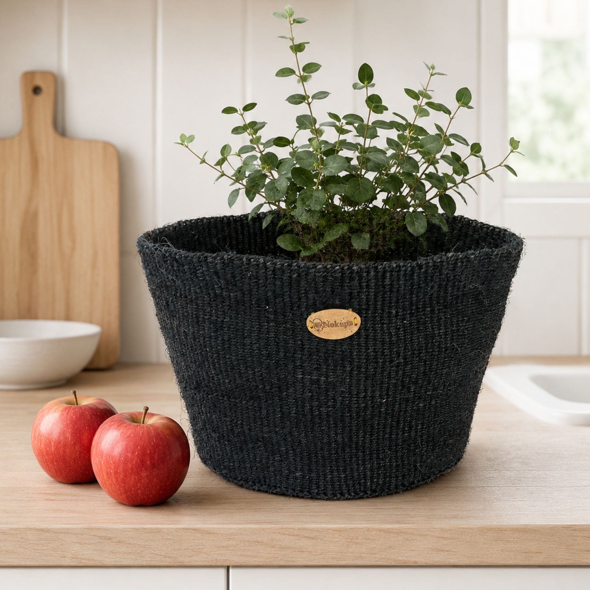 Small black sisal boho basket shelf bathroom Nordic home storage ethical Kenya — Nokupa