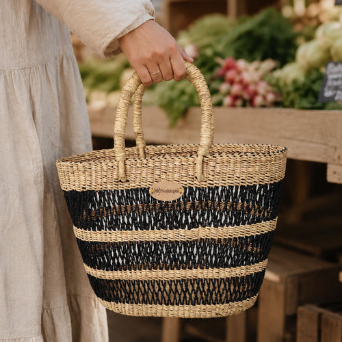 Small open weave shopping basket black elephant grass women artisans Ghana ethical — Nokupa
