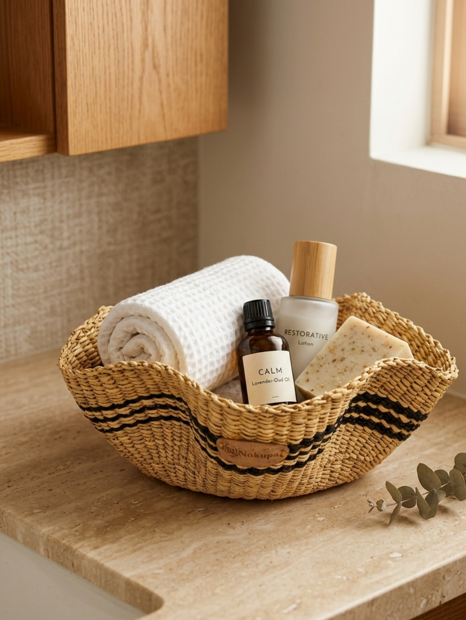 Small handwoven basket black wave pattern bathroom organiser combs lotion Nordic minimal Ghana