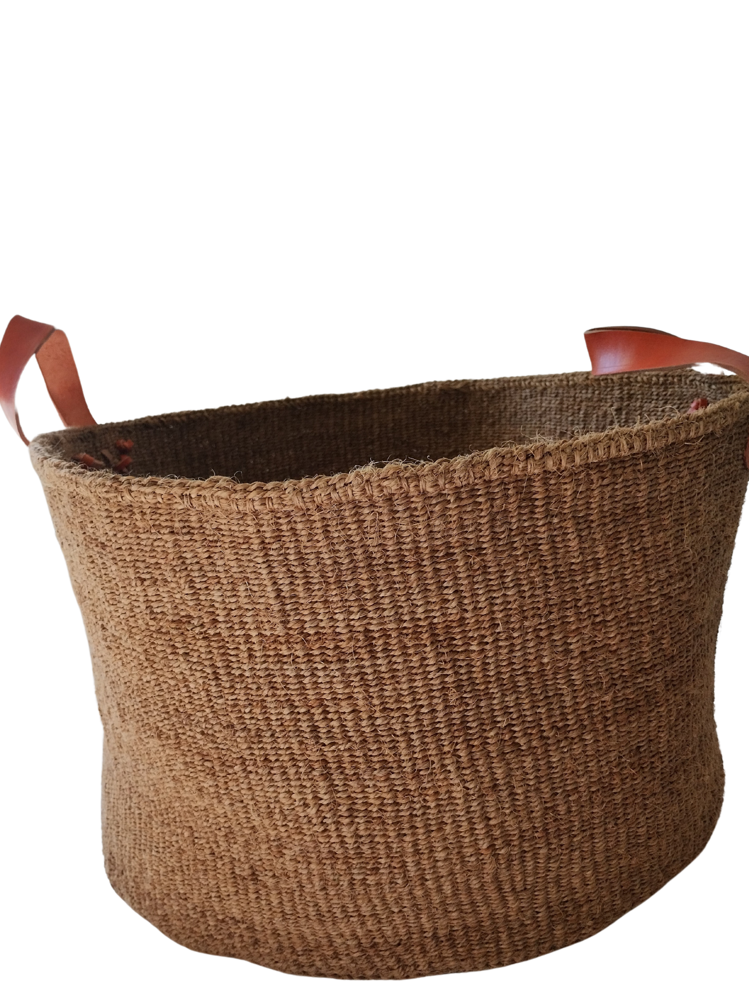 Storage basket woven brown leather handle large sisal handmade Kenya — Nokupa