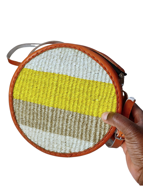 
Woven sisal boho shoulder bag yellow white stripe pattern ethical artisan Kenya