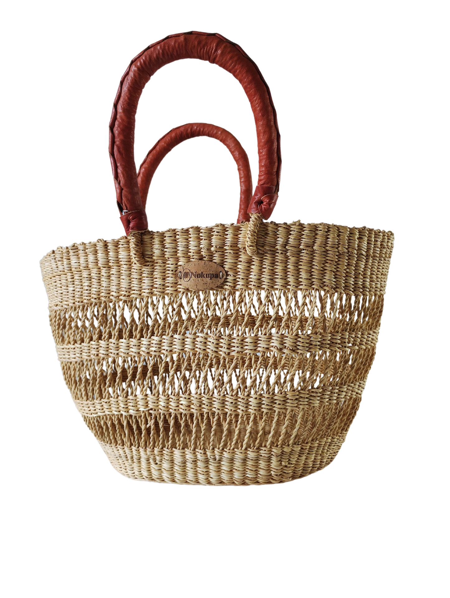 Bolga net basket.Natural. Brown handle.