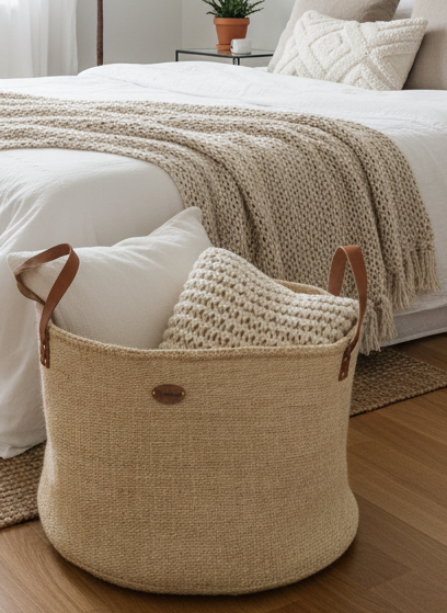 White kiondo basket with leather handles