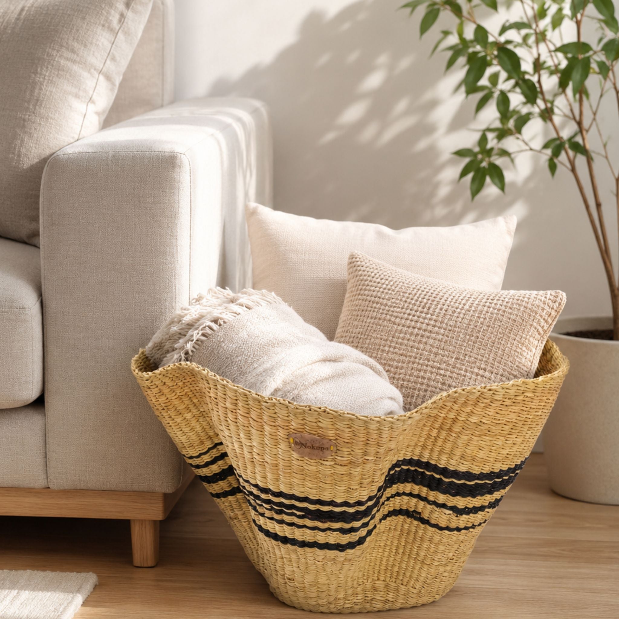 Floor storage basket Scandinavian black pattern boho living room blankets-Nokupa