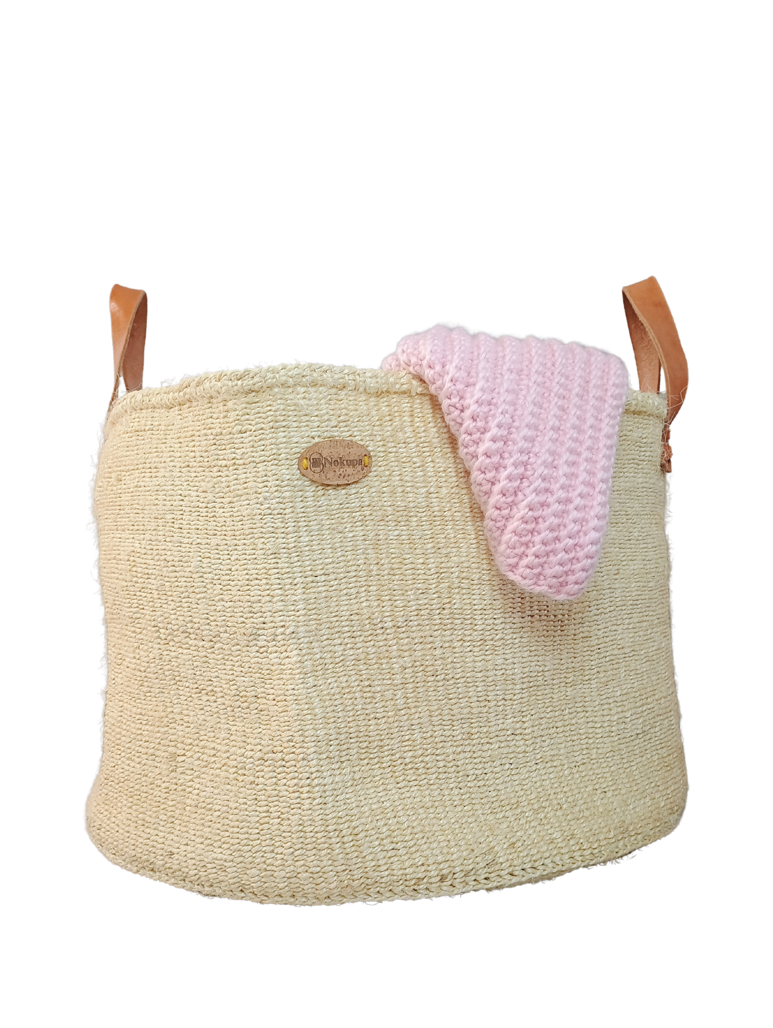 White handwoven basket leather handle Nordic minimal interior ethical artisan Kenya
